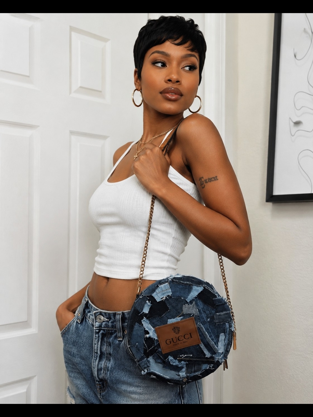 Gucci Inspired Patchwork Denim Round Crossbody Bag in Blue